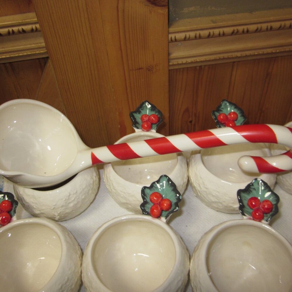 Vtg Riddell Cal pottery 50s signed snowball punchbowl set - Picture 7 of 11